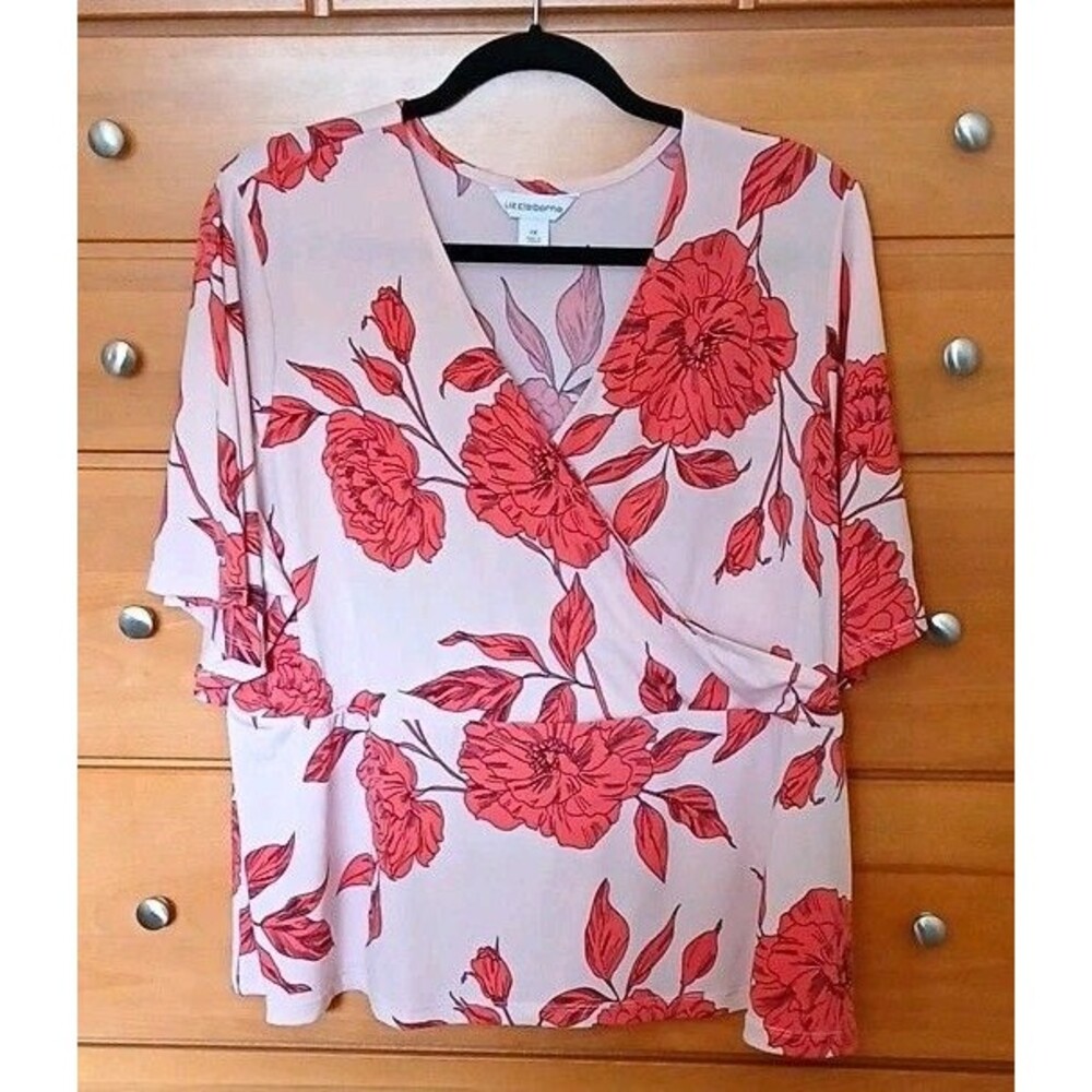 Liz Claiborne Womens 1X Floral V-Neck Pink Flared Short Sleeve Knit Blouse Top